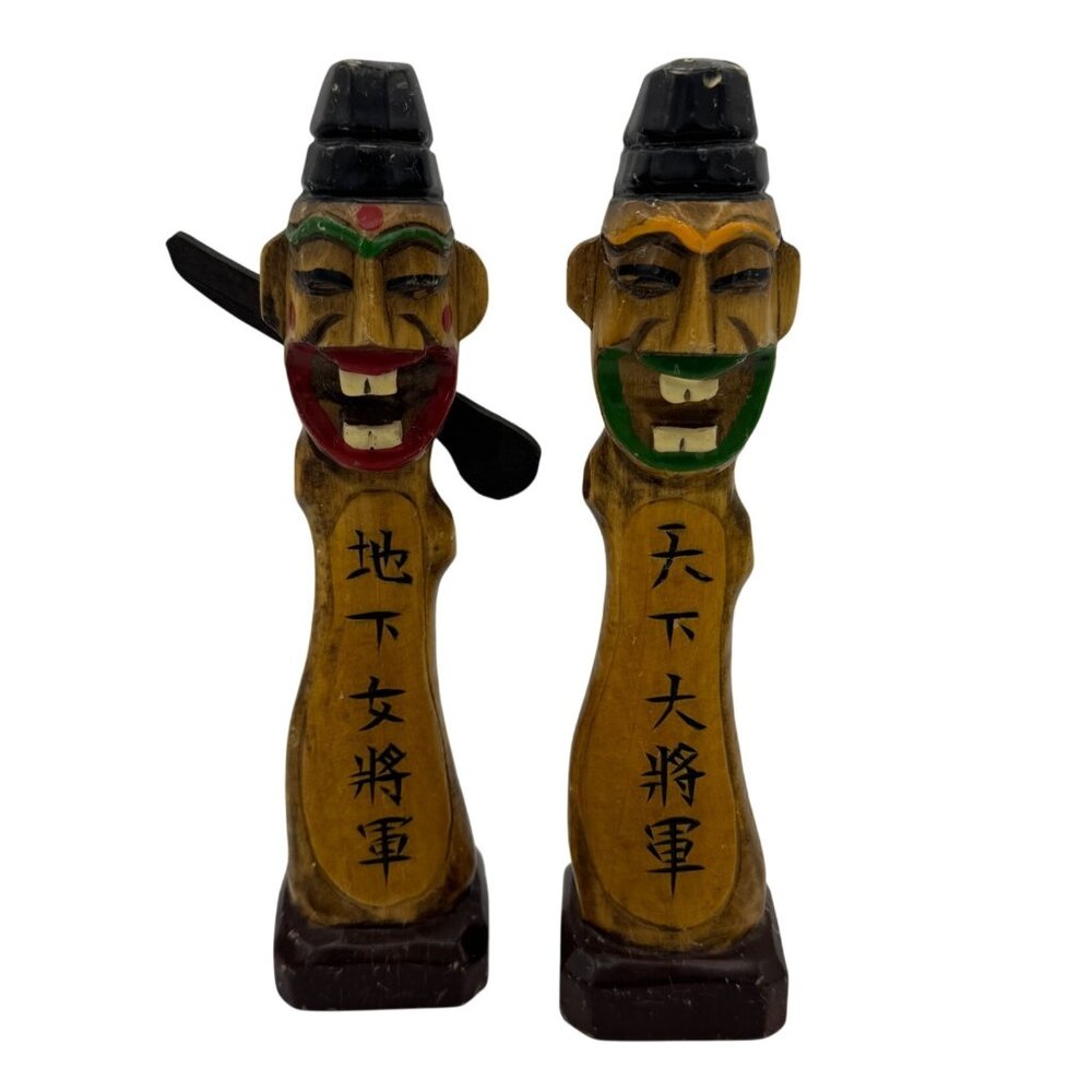 Vintage Korean Totem Pole Carved Wood Village Guardian Jangseung Figurines